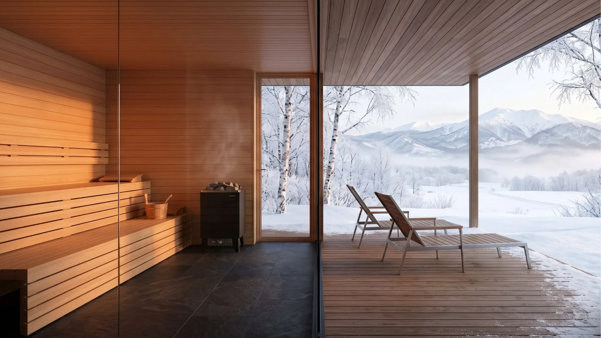 雪景色を望むサウナとウッドデッキ - The Yado｜民泊・戸建ヴィラ